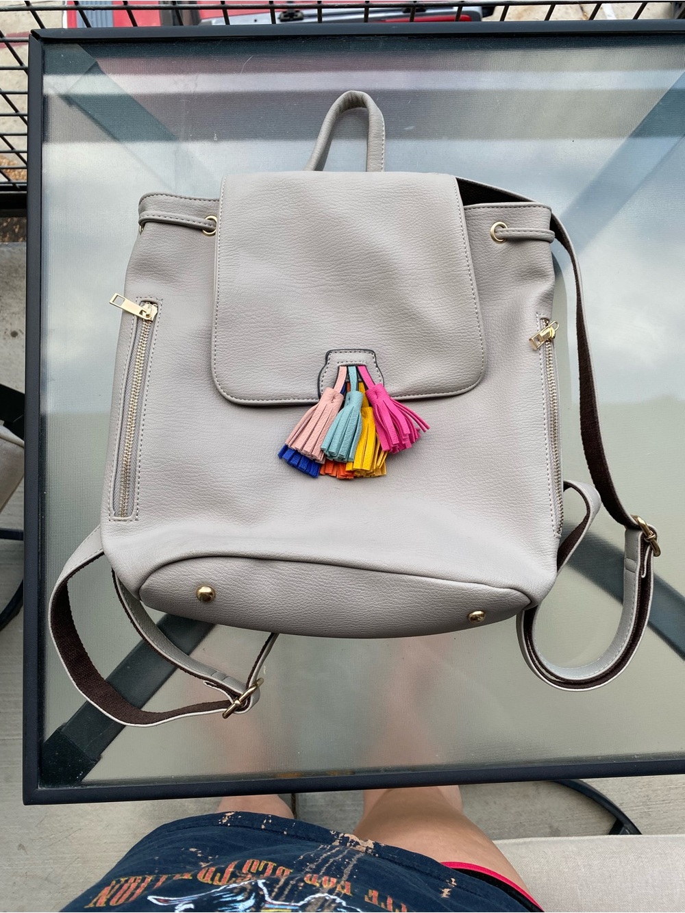 Neutral Gray Women's Backpack with Colorful Tassel Accent